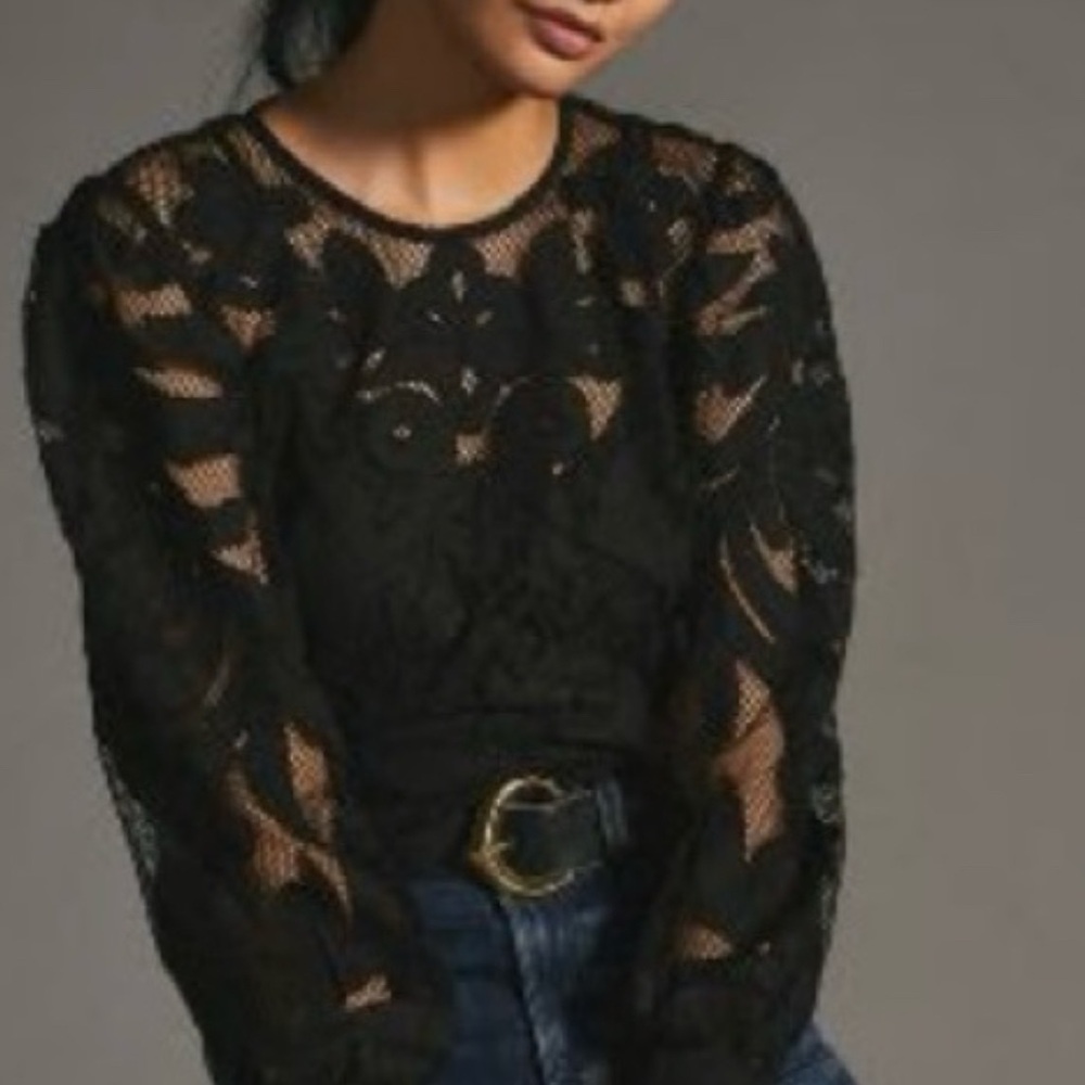 Anthropologie Black Sheer Embellished Blouse
